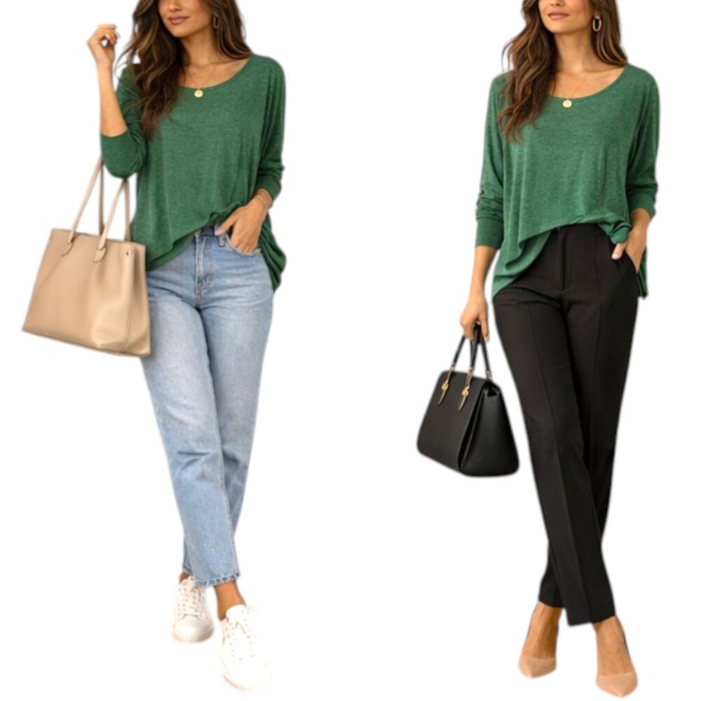 Green Asymmetrical Draped Tunic Top Long Sleeve Cotton Blend Blouse - L - Picture 3 of 6